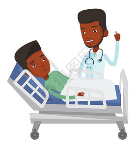 好看的床年轻医生探视病人在时用手指着的医生在探视她时躺在医院床上