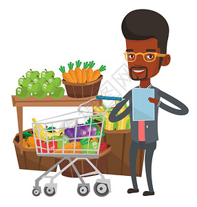 在超市通过清单购买食材的非洲男性卡通矢量插画图片