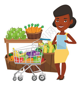 产品列表在超市使用购物清单购买食材的非洲女士卡通矢量插画插画