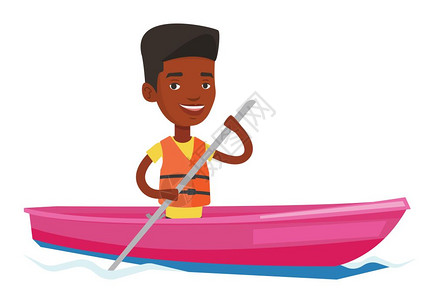 在河里划着皮艇的青年男子矢量插图插画