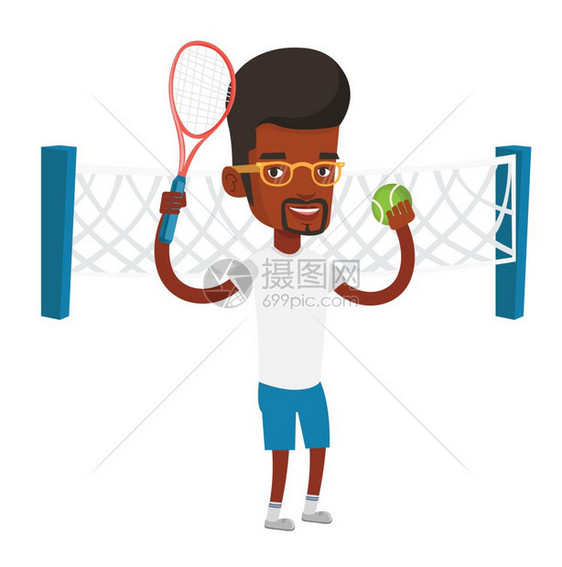 玩网球微笑的男运动员站在场上快乐打网球矢量平面设计插图图片