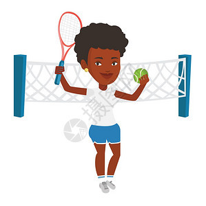 玩网球微笑的运动员站在场上快乐打网球矢量平面设计插图图片