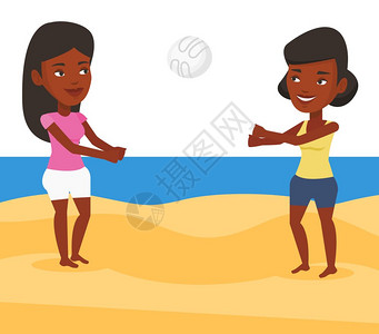 暑假两名女子在沙滩玩排球矢量插图图片