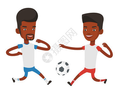 两名比赛踢足球的非洲男运动员卡通矢量插画图片