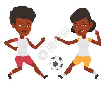 两名比赛踢足球的非洲女运动员卡通矢量插画图片