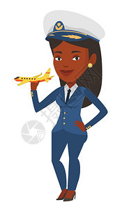 手持飞机模型的非洲女行员卡通矢量插画图片