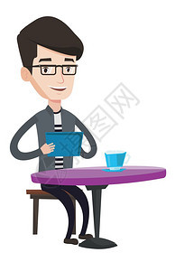 男子在咖啡馆使用平板电脑冲浪卡通矢量插画图片