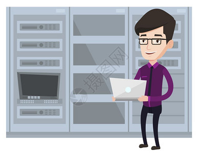 服务器机房工作的程师在服务器机房使用膝上型计算机的网络工程师插画