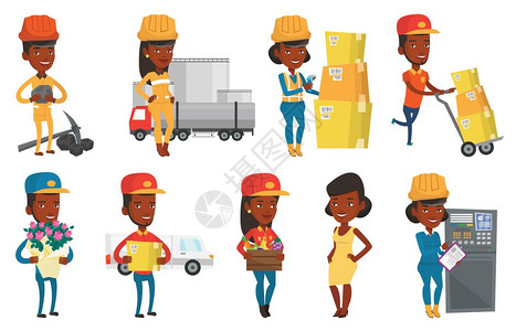 工人在燃料卡车的背景上站立一套在白色背景上隔离的矢量平板设计图一