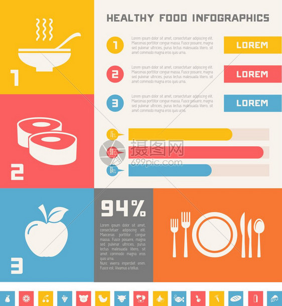 健康的食物人口统计元素图标设置矢量图片