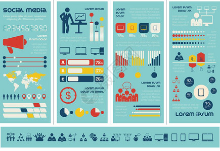 平板社交媒体信息图和标集矢量社交媒体信息图模板图片