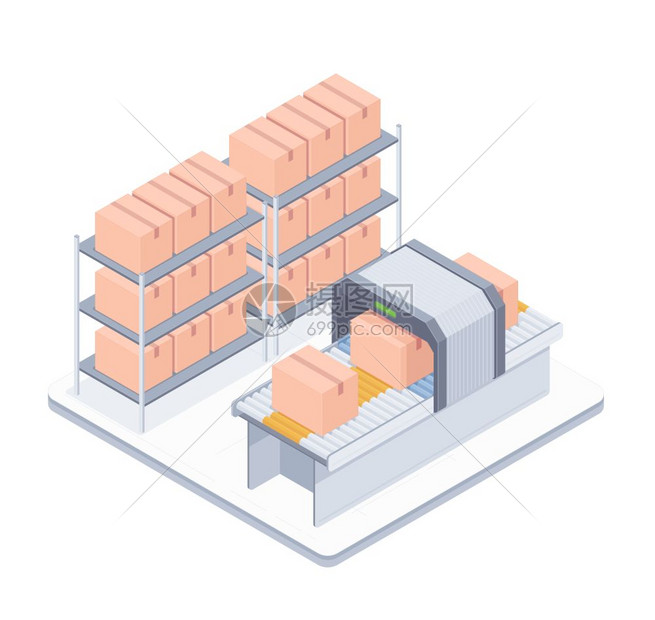 智能仓库自动包装传送器卡通矢量插画图片