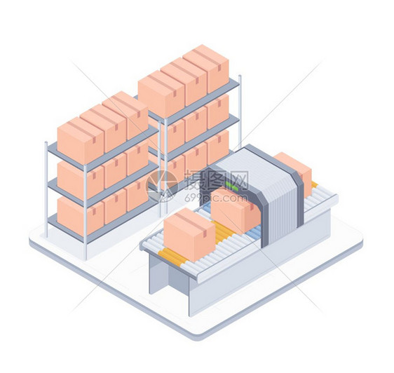智能仓库自动包装传送器卡通矢量插画图片