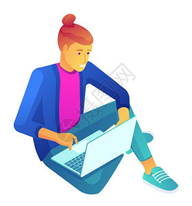 年轻商人坐在交叉腿用笔记本电脑图片