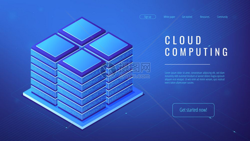 电动计算机服务器作为集束云功能和系统概念作为蓝色紫外调盘等量服务器农场云计算概念图片