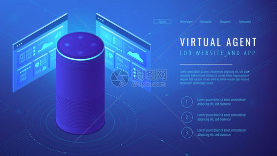 用于网站和移动应用概念的语音激活数字助理蓝色紫外线背景矢量3d说明等虚拟代理着陆页图片