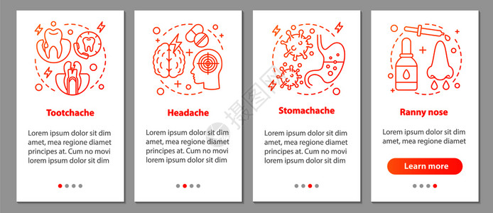 头痛牙胃鼻流血等图形指示uxi带插图的gui矢量模板带有线概念的移动应用程序屏幕生病图片