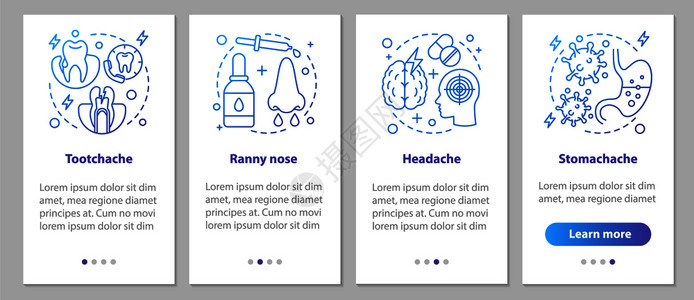 头痛牙胃鼻流血等图形指示uxi带插图的gui矢量模板带有线概念的移动应用程序屏幕生病图片