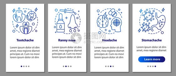 头痛牙胃鼻流血等图形指示uxi带插图的gui矢量模板带有线概念的移动应用程序屏幕生病图片