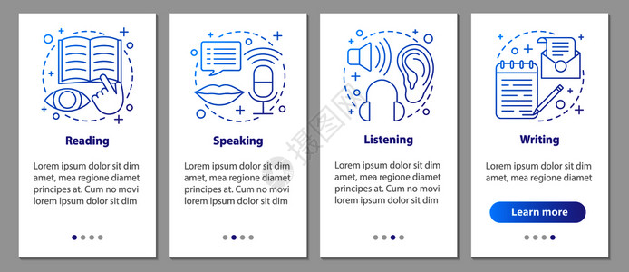 包含线概念的移动应用程序页面屏幕上的基本语言技能读写讲听步骤图形指示uxig带插图的矢量模板带有线概念的移动应用程序页面屏幕上的图片