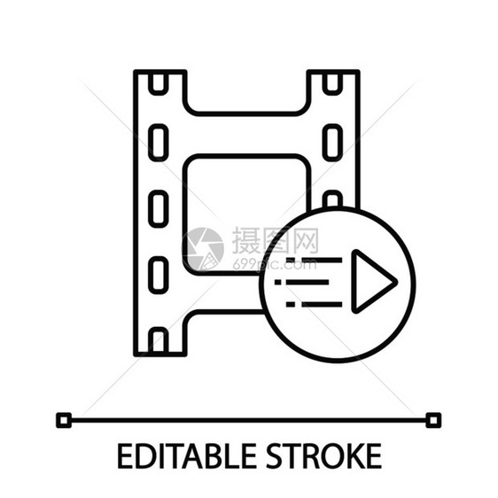 线图形标动画薄线插图多媒体播放器视频胶片和播放按钮轮廓符号矢量孤立的大纲绘制可编辑的中风运动图形线标图片