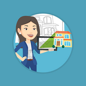 使用智能设备设计房屋的女建筑师卡通矢量插画图片素材