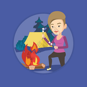 夜晚在篝火旁吃着棉花糖的人元素插图图片