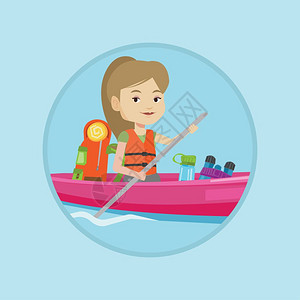 在河上骑着皮艇的旅行妇女中矢量平面设计插图图片