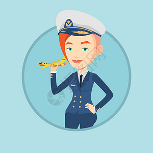 手持飞机模型的航空女飞行员卡通矢量插画图片