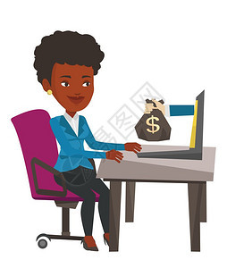 妇女从网上挣钱卡通矢量插画图片