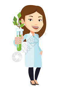 手握试管植物的女科学家卡通矢量插画图片