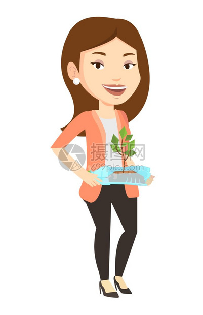 手拿玻璃器皿植物的女人卡通矢量插画图片