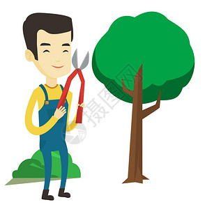 大豆作物年轻的园丁将修剪树枝并园丁将修剪的树枝矢量平板设计插图将