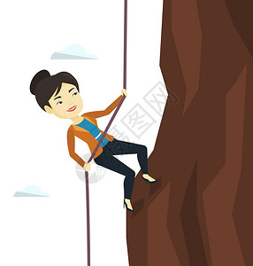 攀岩户内年轻勇敢的女商人用绳子爬山商业挑战的概念矢量平面设计图