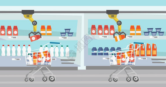 机器人手臂把杂货放在超市的购物车厢里图片