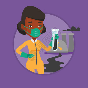 穿着防护服在实验室里研究辐射污染的女科学家卡通矢量插画图片