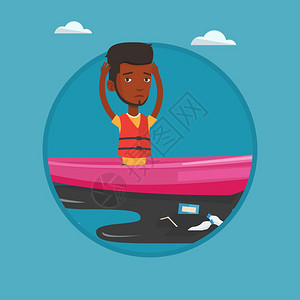 坐在被污水包围的小船上的非洲男子卡通矢量插画图片