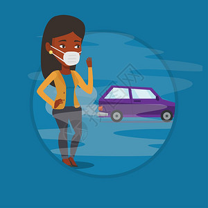 站在被汽车尾气污染环境里戴着口罩的非洲女孩卡通矢量插画图片