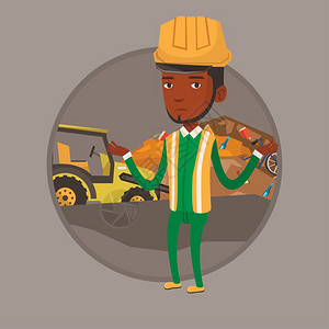 在垃圾场处理垃圾的非洲男工人卡通矢量插画图片