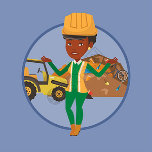 在垃圾场处理垃圾的非洲女工人卡通矢量插画图片