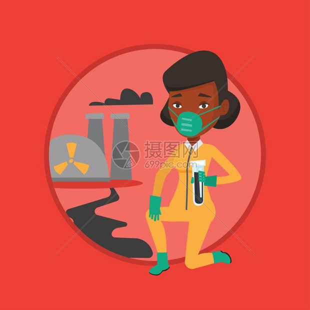 在核电厂处理污染的非洲女士卡通矢量插画图片