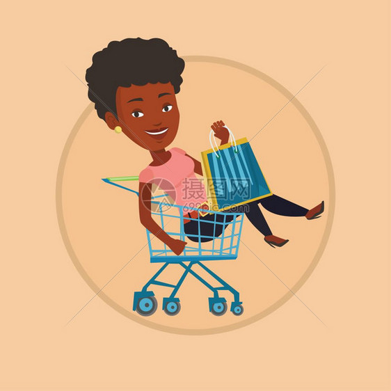 坐在购物车里拿着购物袋的非洲女孩卡通矢量插画图片