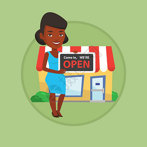 抱着开业牌子站在餐馆门口的非洲女士卡通矢量插画图片