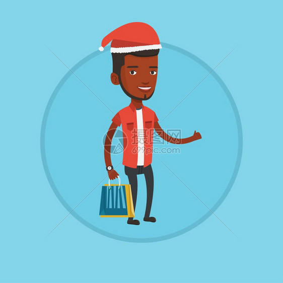 戴着圣诞帽拿着购物袋的非洲男士卡通矢量插画图片