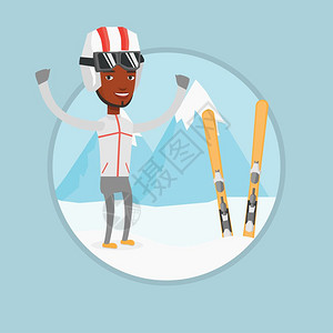 在雪上顶取得胜利欢呼的非洲男滑雪运动员卡通矢量插画图片
