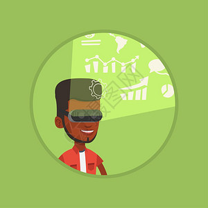 佩戴虚拟现实眼镜观看商业图表的非洲男士卡通矢量插画图片