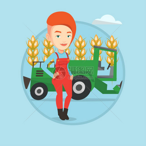 站在麦田里的拖拉机前的女农民卡通矢量插画图片
