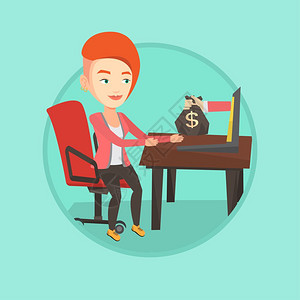 抖音赚钱通过互联网赚钱的女商人卡通矢量插画插画