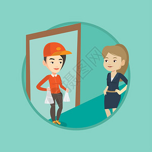 送餐名片设计为女客户送餐的女外卖员卡通矢量插画插画