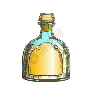 亮出经典墨西哥龙舌兰玻璃瓶矢量手画现代瓶子墨西哥酒精饮料产品标签为空白由蓝色藻类植物饮料包装彩色插图制成彩画上经典墨西哥龙舌兰玻图片